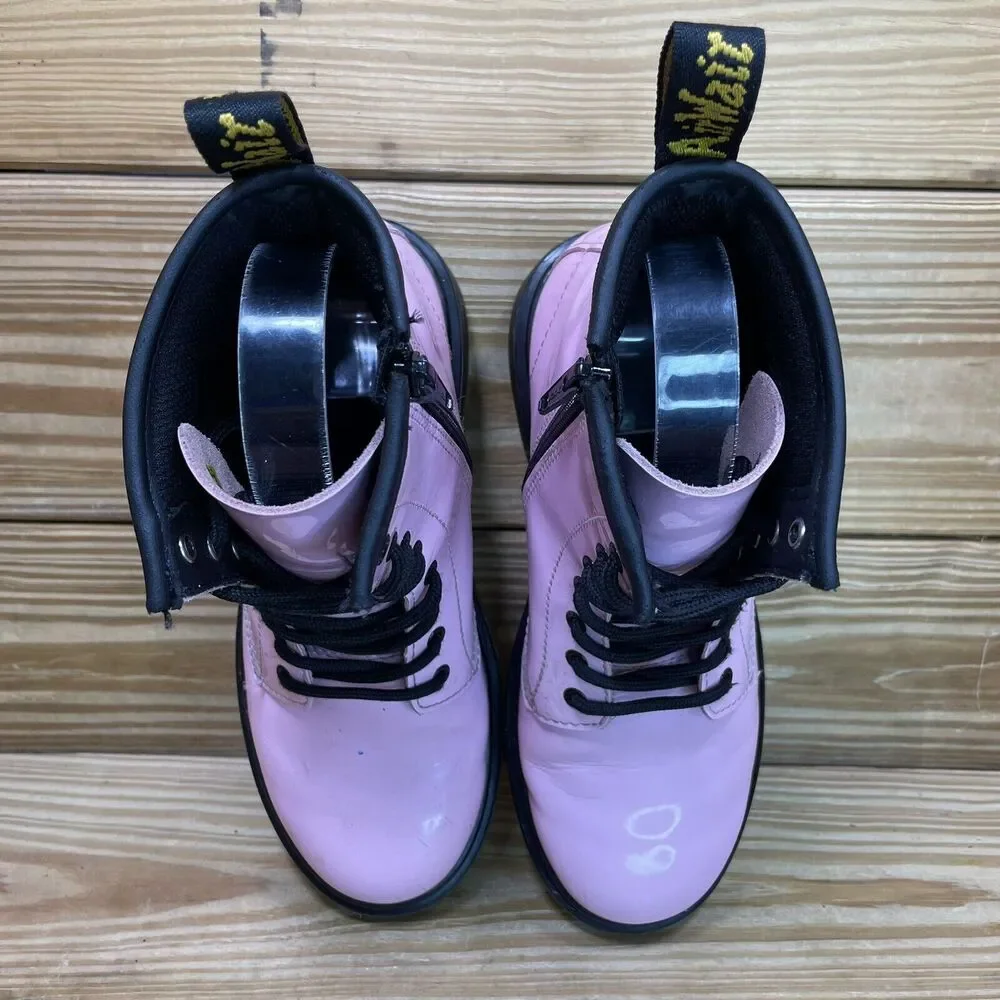 Dr. Martens Pink Patent Kids Lace-Up Boots with Black Trim